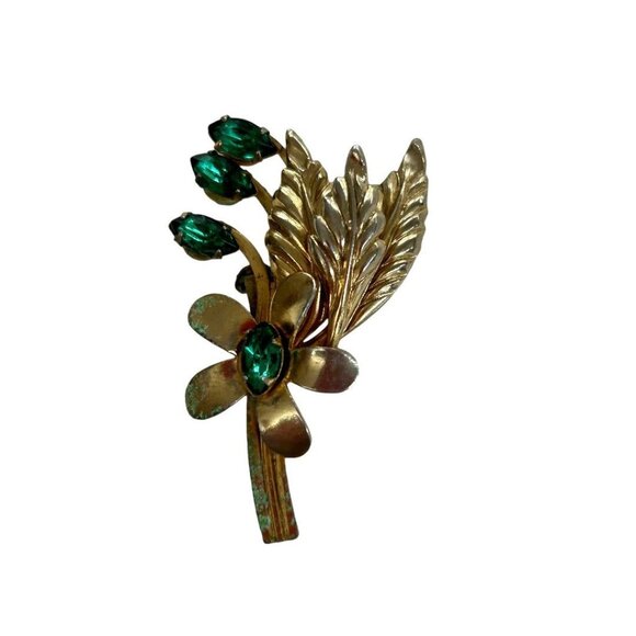 Goldtone and Green Vintage 1960s Brooch Pin Flower Leaf 1.9" - Picture 5 of 6